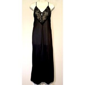 Vintage 70s Spotlight Negligee Slip Dress Gown Sz S Black Satin Lace